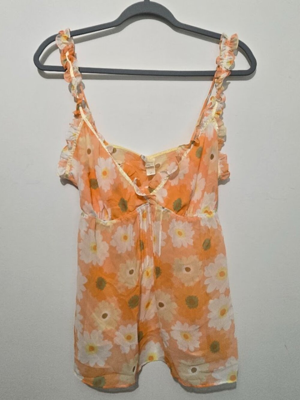 Ambrielle Sheer Floral Babydoll Cami Top Size L Lingerie Fairy Y2K Ruffle Straps